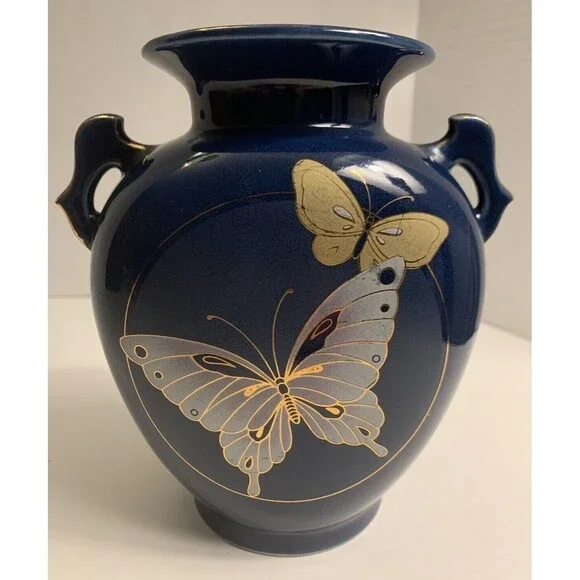 Fine China Of Japan Hazy Blue(Grayish Blue) Butterfly Vase  Gold Rim Accents VTG