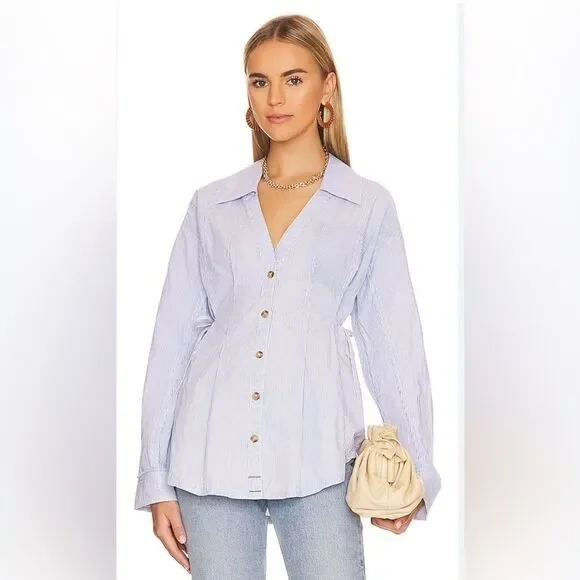 NWT Marten Oxford Stripe Top in Blue Combo FREE PEOPLE size S