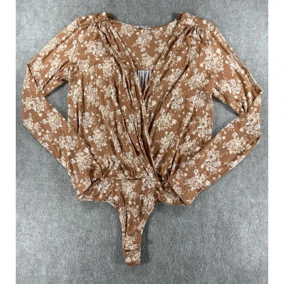 Free People Floral Surplice Wrap Long Sleeve Brown Bodysuit Top‎ Women S