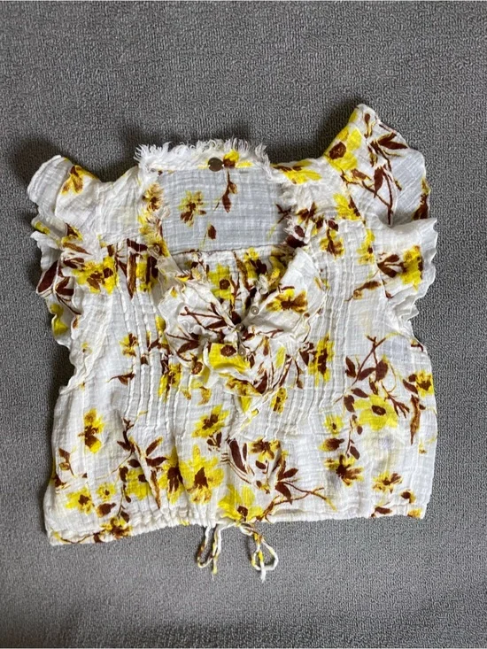 Free People White Floral Smocked Relaxed Fit Flowy Crop Top Ruffle