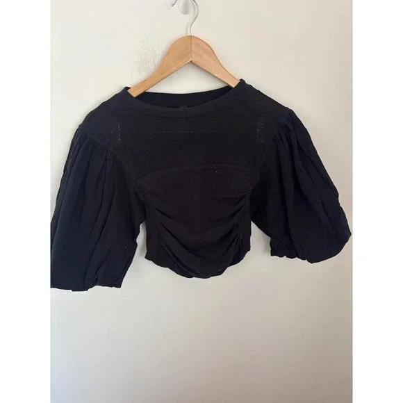 Free People Black Puff Sleeve Ruched Crop Top XS Slub Knit Balloon Sleeve Boho