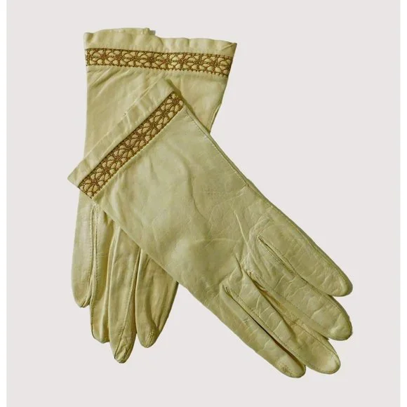 Vintage Leather Gloves Small Cream Gold Stitching Trim Theatre Wedding Parties