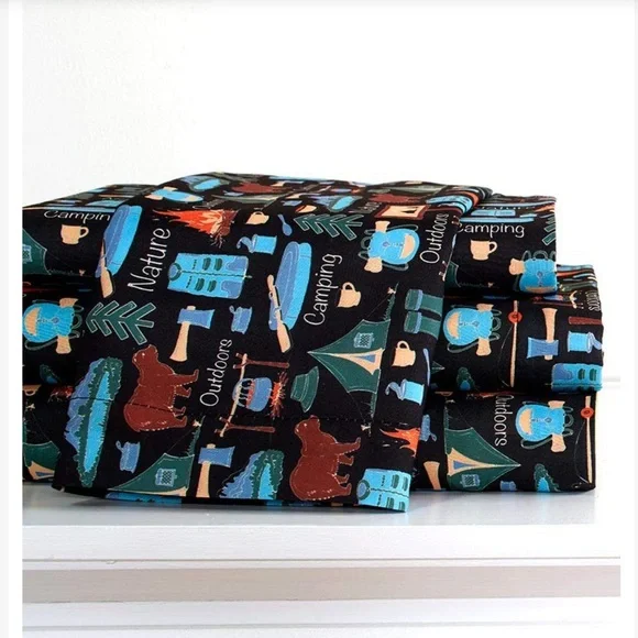 Kids Sheet Set-Campsite Retro Camp Print 3Pc. Set NAVY BLUE-TWIN