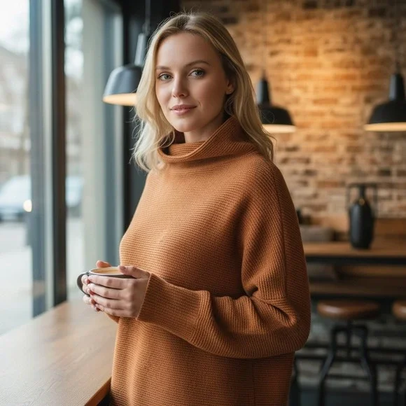 Free People Oversized Livvy Sweater Ribbed Mock Neck Rust Brown Boxy Lounge‎ XS
