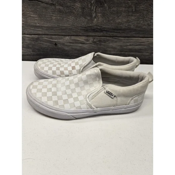 Vans Shoes Youth 5 Boys Off The Wall Check Slip On Sneakers 500714‎ White Fabric