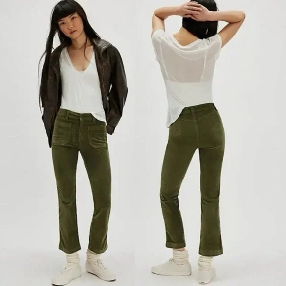 NWT Free People High Waisted Corduroy Kick Flare Pants Chive Army Green Size 4
