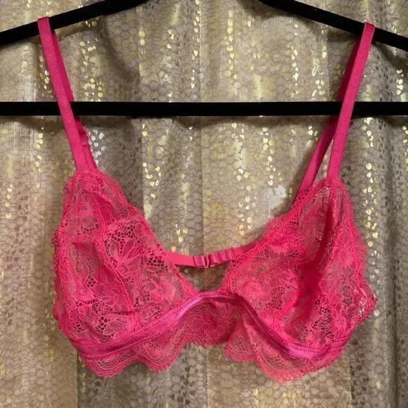 Free People Bright Eyes Hot Pink Romantic Coquette Sheer‎ Lace Bralette S NWOT