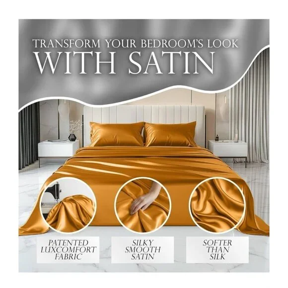 Decolure Satin Bed Sheet‎ Set Gold Full Size 15