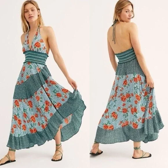 Free people intimately Gabriela maxi floral boho halter dress size large