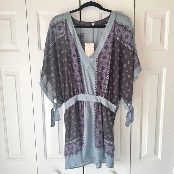 Free People XS Blue Brown Paisley Boho Kimono Sleeve Tunic Mini Dress NWT