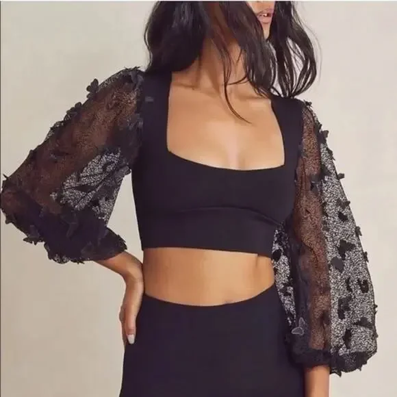 Free People Intimately Flutter By Sheer Mesh Billowy Sleeves Cropped Blouse