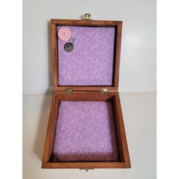 Vintage Wooden Jewelry Trinkett Box with‎ Fabric Top Hinged VTG