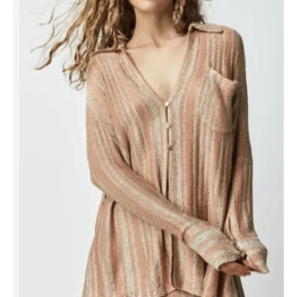 Free People $168 Beach Bash Heavy Knit Sweater Striped Metallic Bohemian Coastal