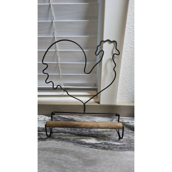 Country Rooster Metal Paper Towel Holder Black Wire Wood Farmhouse Kitchen