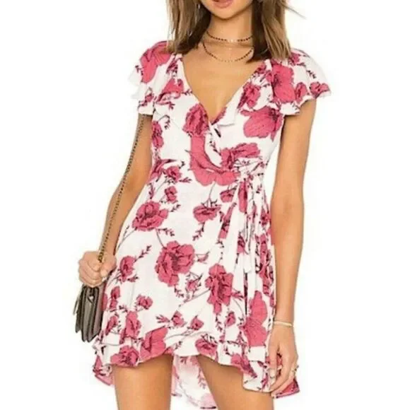 Free People Women's Size Small French Quarter Floral Pink White Wrap Dress