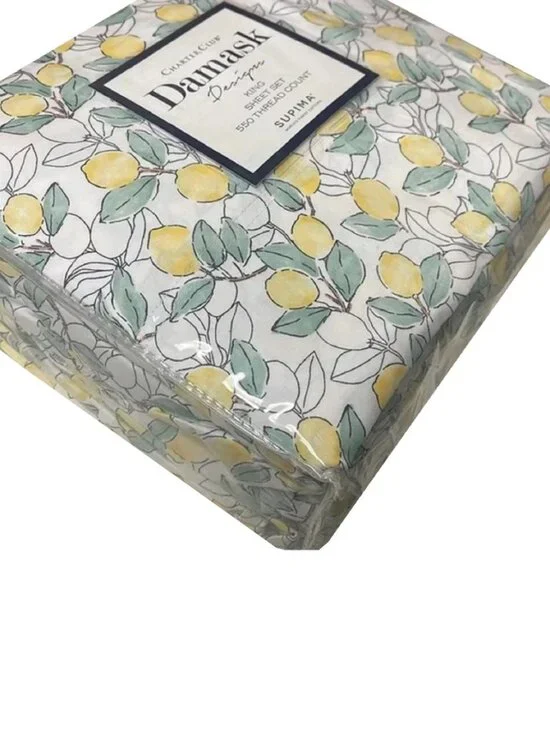 new YELLOW + WHITE Charter Club Designs Lemons 550 TC Cotton KING Sheet Set