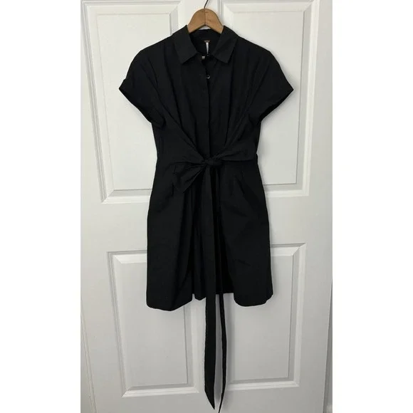 Free People Black Bow Waist Shirt Dress 4 NWT Style OB476020 $125 Retail 0598