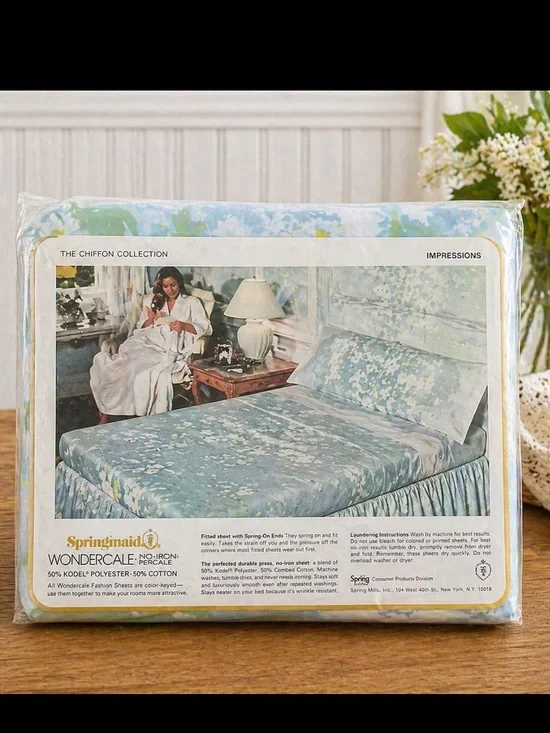 Vintage Springmaid Wondercale Floral Fitted Sheet ONLY. New. Sz-Full Blue