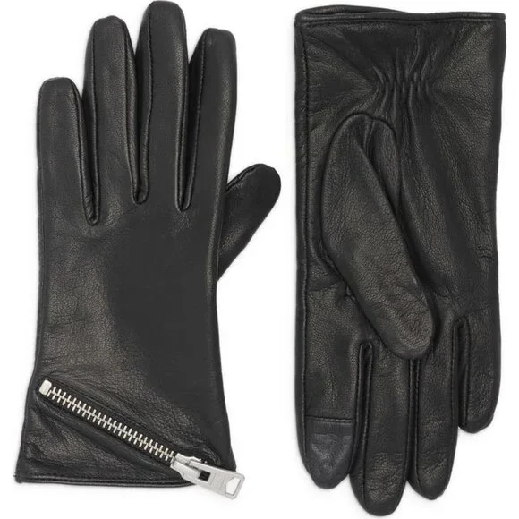 All Saints Asymmetrical Zip black Leather Gloves women size M