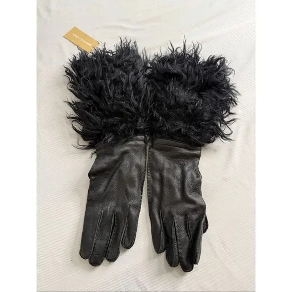 NWT Michael Kors Black Leather Mohair Gloves Size Small New