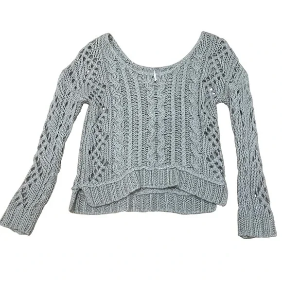 Free People Open Cable Knit Sweater Women's Small Tan Gray‎ Cropped Pullover