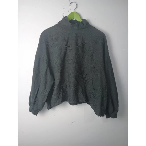 Free People Found My Friend Mock Neck Distressed Sweatshirt Charcoal Grey Small
