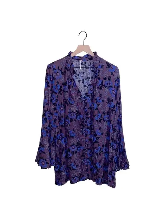 FREE PEOPLE oversize floral bell boho flowy sleeve button up blouse S