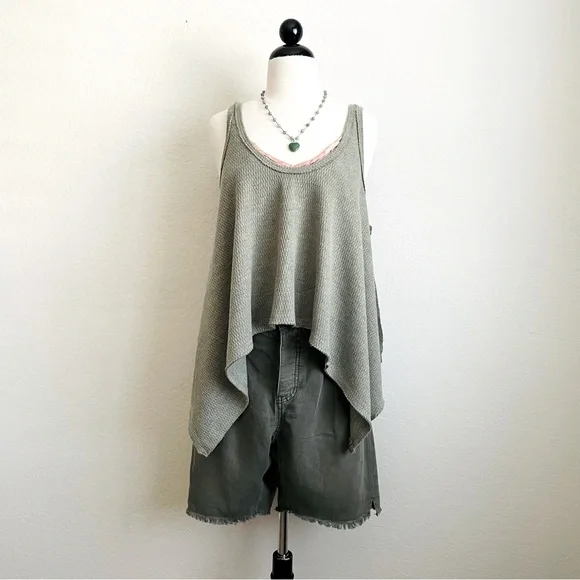 Free People We the Free Waffle Hi-Lo Olive Tank