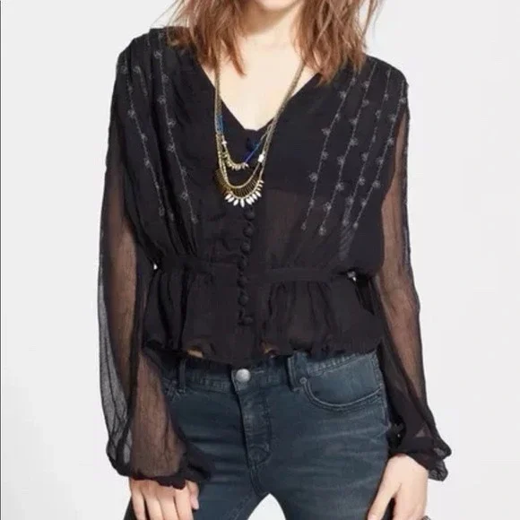 Free‎ People Sheer Boho XS Black Lace Button Front Peplum Top Grunge