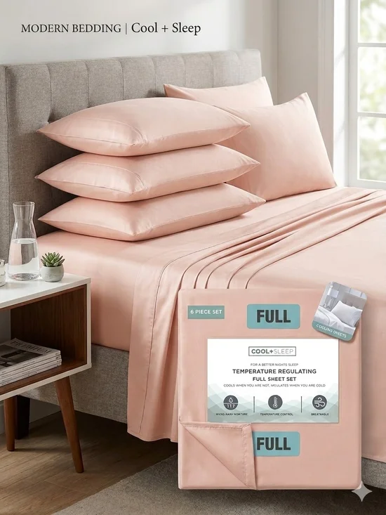Cool + Sleep Pink Full Sheet Set 6 Pieces
