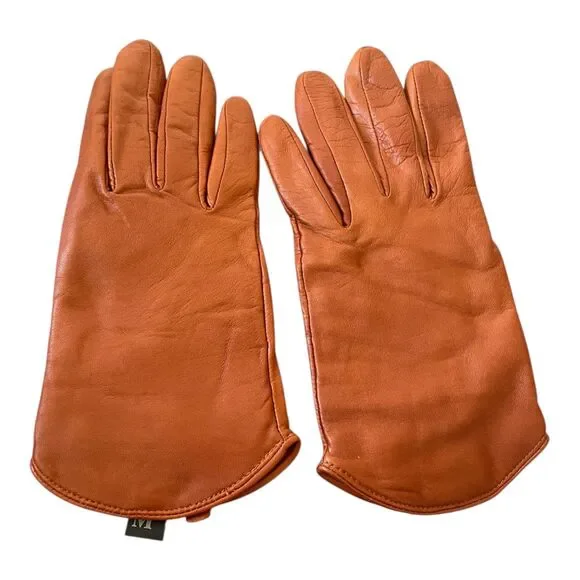 Vintage Carole Little Brown Leather Cashmere Lined Gloves M *read description*