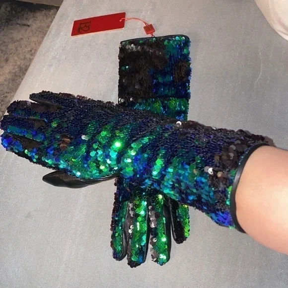 Gloves NWT B2 BALIZZA Fancy Mermaid Sequin Leather Gloves