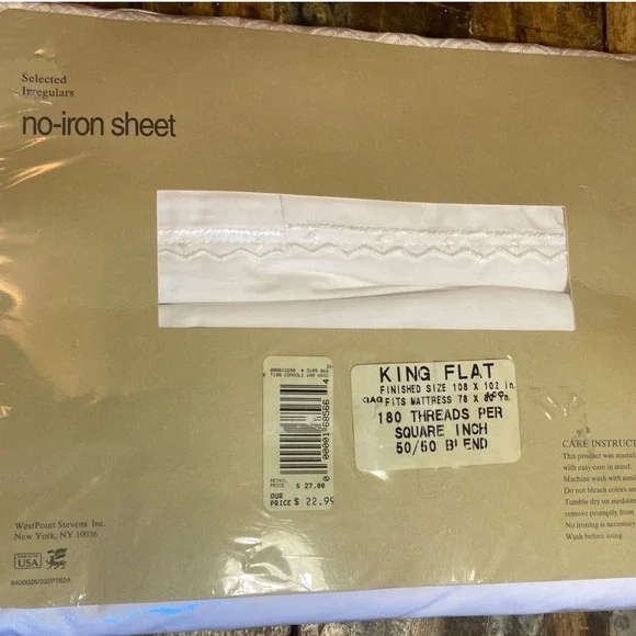 WestPoint Stevens King Flat Sheet White No-Iron 180 TC Cotton Blend Embroidered