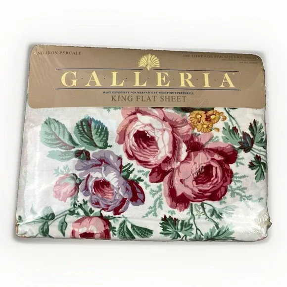 VTG Galleria For Mervyn's King Flat Sheet 180 Thread 90s Floral Virginia Reel