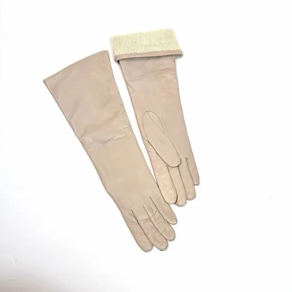 Bloomingdale's Long Leather Gloves Wool Lining Hazelnut Beige Vintage France 6,5