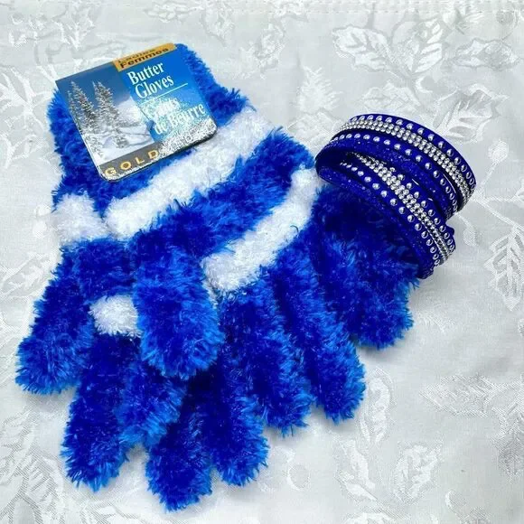 Blue Monday 2-piece Lot: Gold Medal Butter Fuzzy Gloves & Double-wrap Wristband