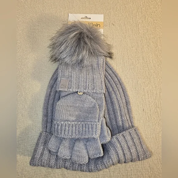 NWT Calvin Klein Women's Gray Faux Fur Pom Pom Knit Hat and Flip-Top Glove Set.