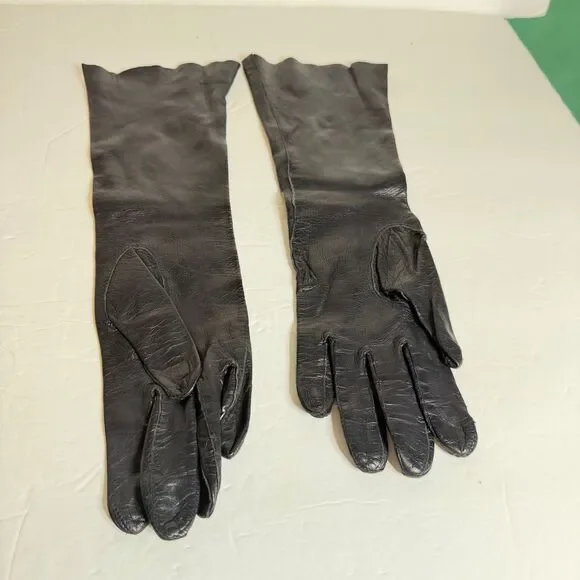 Vintage Kayser Black Leather Opera Gloves Italy Unlined Soft Leather Long 13
