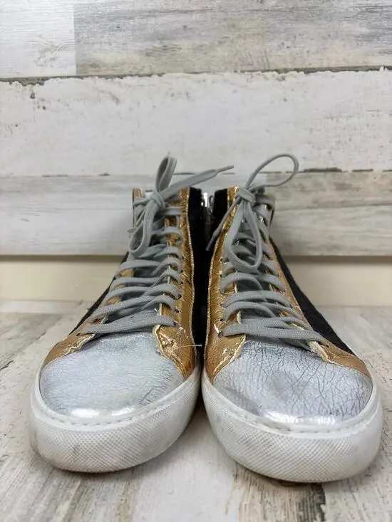 P448 Womens 10 Black Metallic Leather High Top Gold Lace Up Casual Sneakers