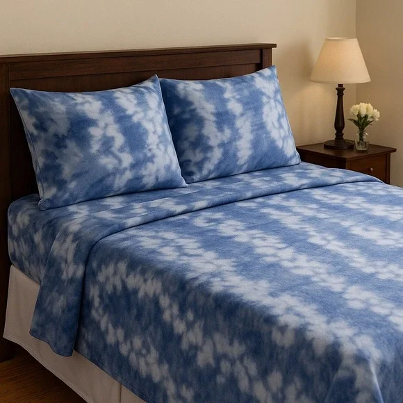 King Flannel Sheet Set Blue White‎ Tie Dye 100% Cotton 4 Pc Oversized Bedding