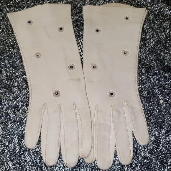 VNTG White Suede Leather Rhinestone Gloves