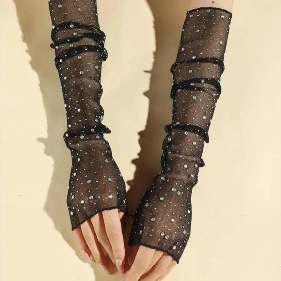 1pair Women Rhinestone Decor Fashion Arm Sleeves For Daily Life