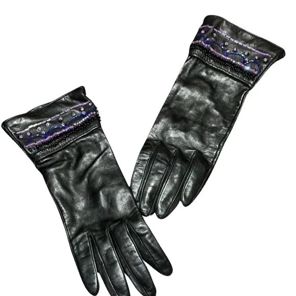 Black leather beaded sequins size 6.5 women’s gloves