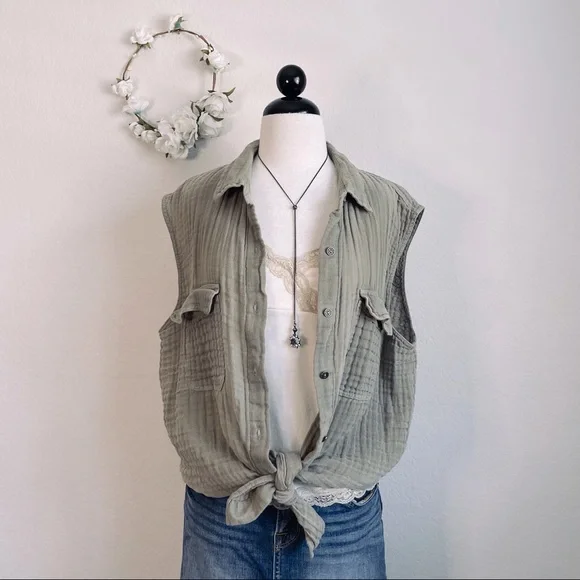 Free People Sleeveless Gauze Buttondown