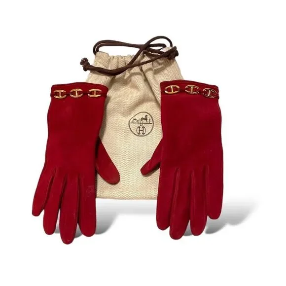 HERMÈS Link Vintage Dark Red Suede Gloves |Size: 7|