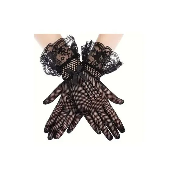 NWT Black Lace Fishnet Gloves Gothic Lolita Victorian Ruffle Bow Tea Party Short