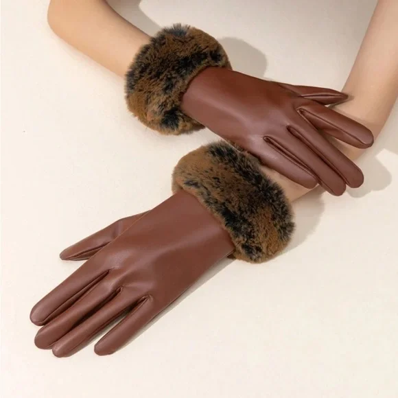 Leather Gloves With Fuzzy Cuff, Warm l Windproof Touch Screen PU Leather Mittens