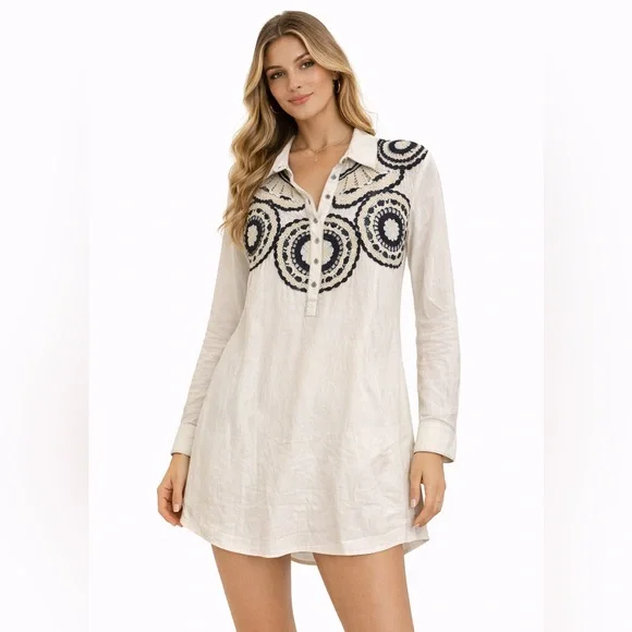 Free People RARE Size Medium Cream and‎ Black Embroidered Tunic Dress