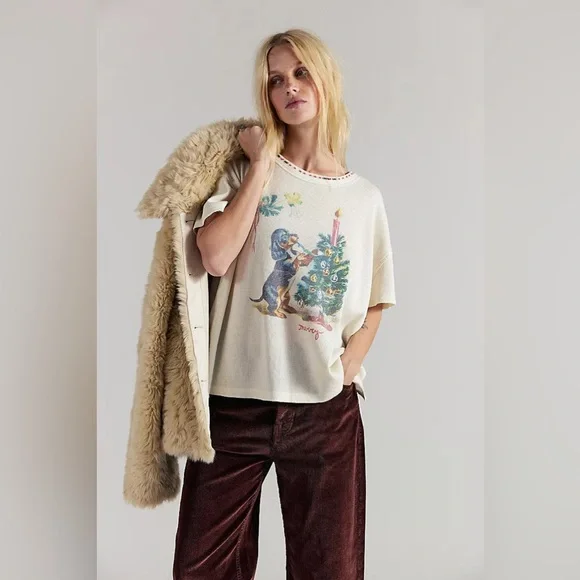 Free People X We The Free Merry Meowy Tee in Ivory Combo