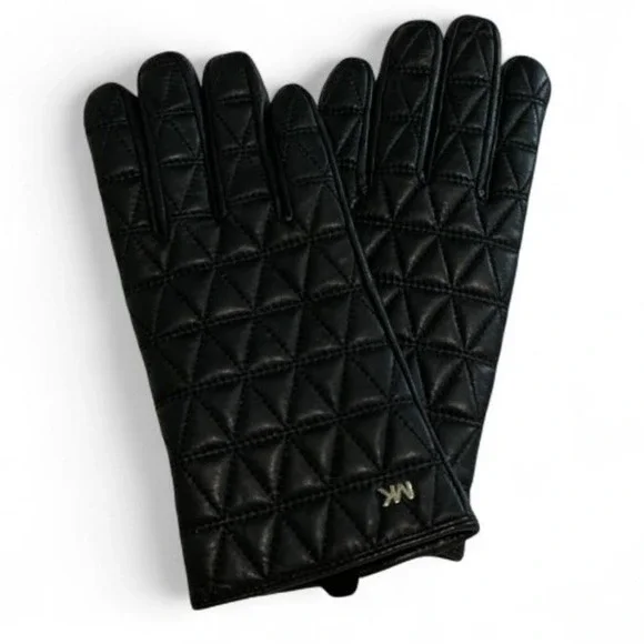 Michael Kors Quilted Leather Gloves Womens S Black Excellent Gold MK Logo Luxury